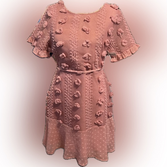 ANDREE BY UNIT Dresses & Skirts - NWT Andree by Unit Ruffle Dress Size M Rose Chenille Swiss Dot Sexy Lined Belted